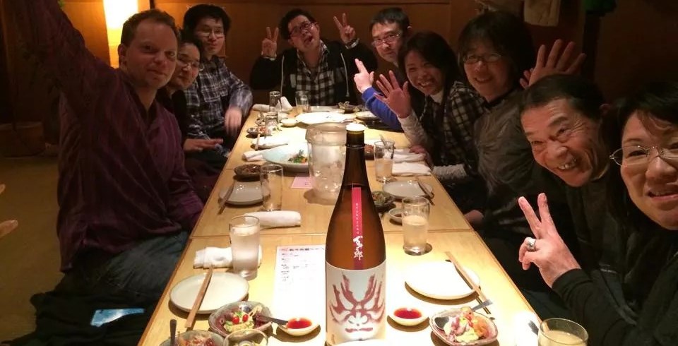 Enjoying sake with Hayashi Honten staff